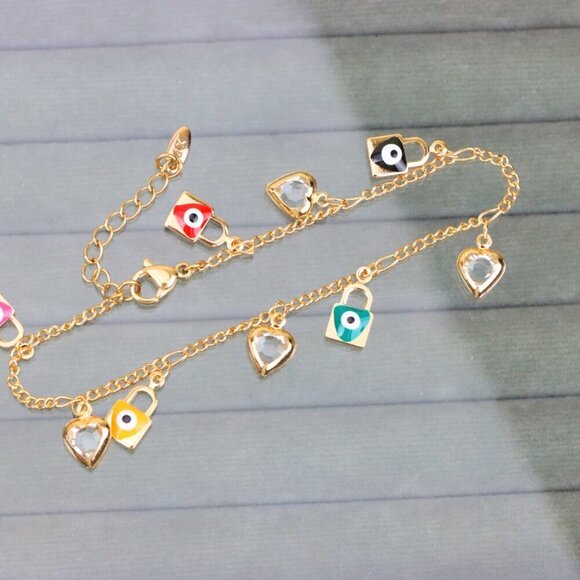 "Rose Gold Evil Eye & Heart Charm Anklet in Gold Plated Brass, XPAL1193 - Picture 1 of 12